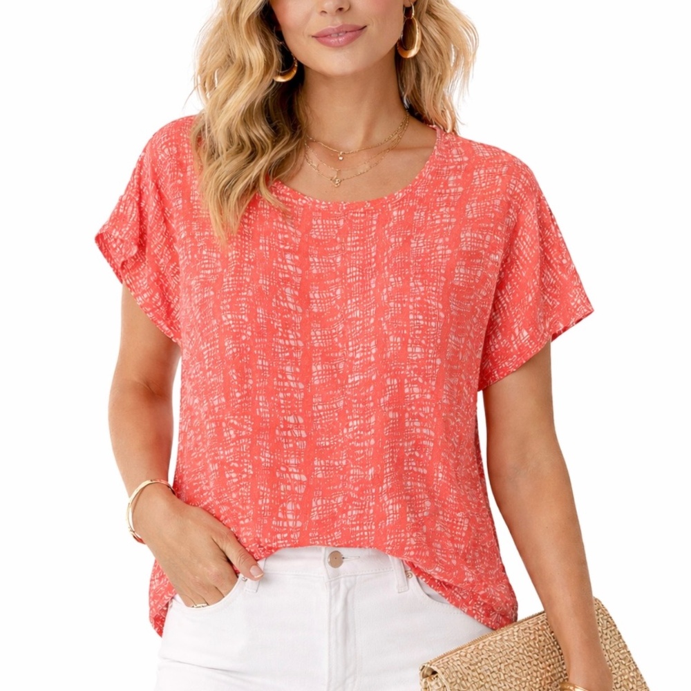 FOREVER 21 CORAL BEIGE CROSS-HATCH PATTERN  CAP SLEEVE BOXY TOP L NWT
